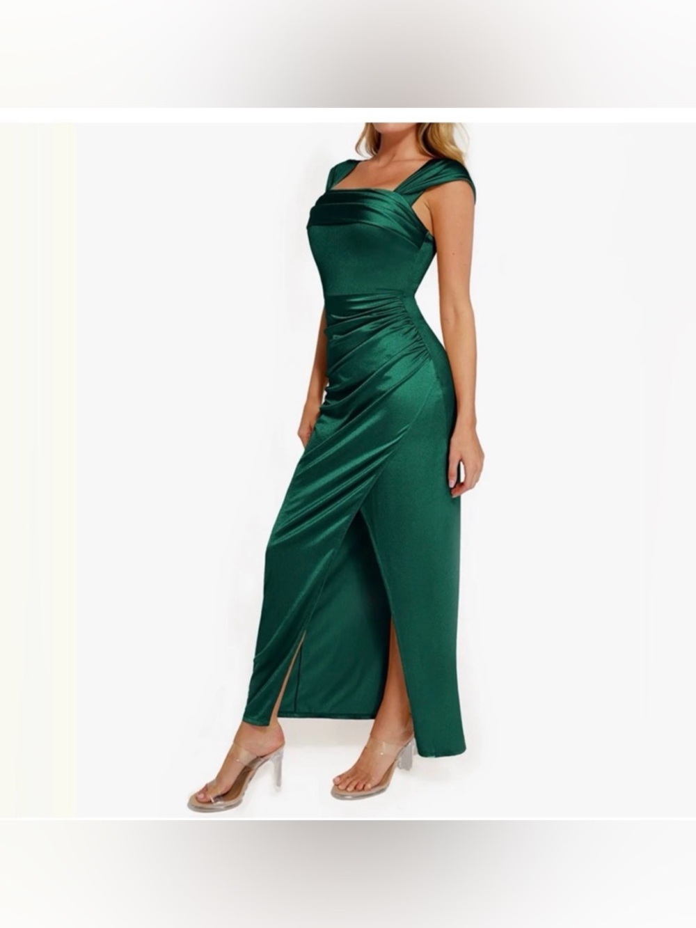 Popilush on/off shoulder Elegant Green Satin Evening Gown for Women Large, NEW